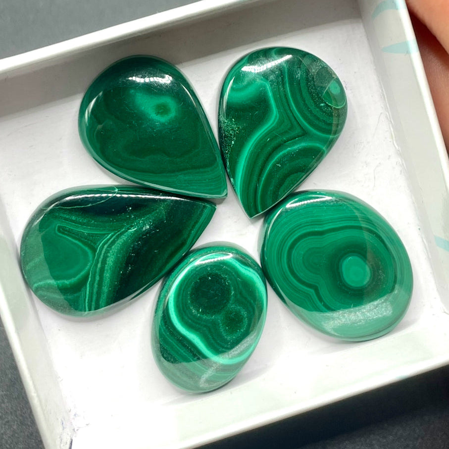 Five green malachite stones in a white box